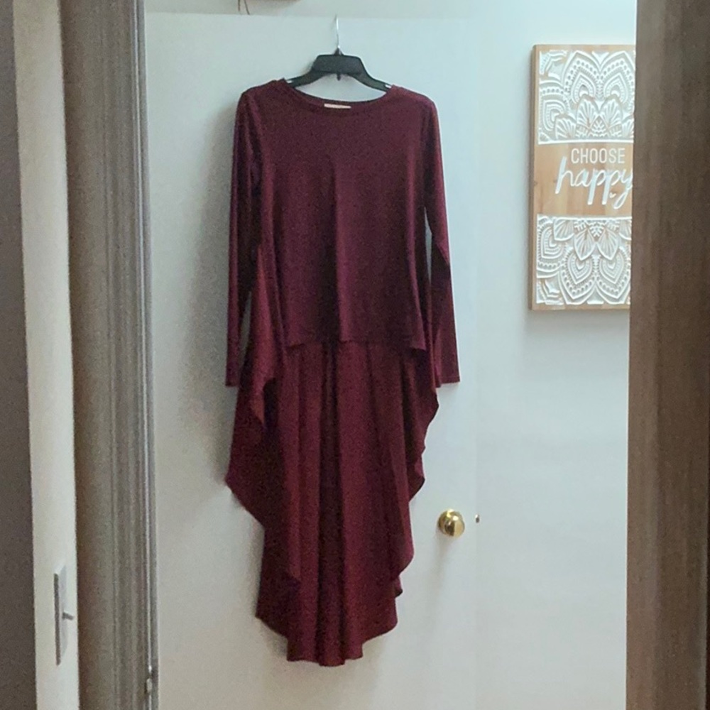 Red Asymmetrical High-Low Long Sleeve Dress